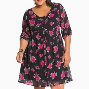 New Black with Red Rose Print Chiffon Shirt Dress